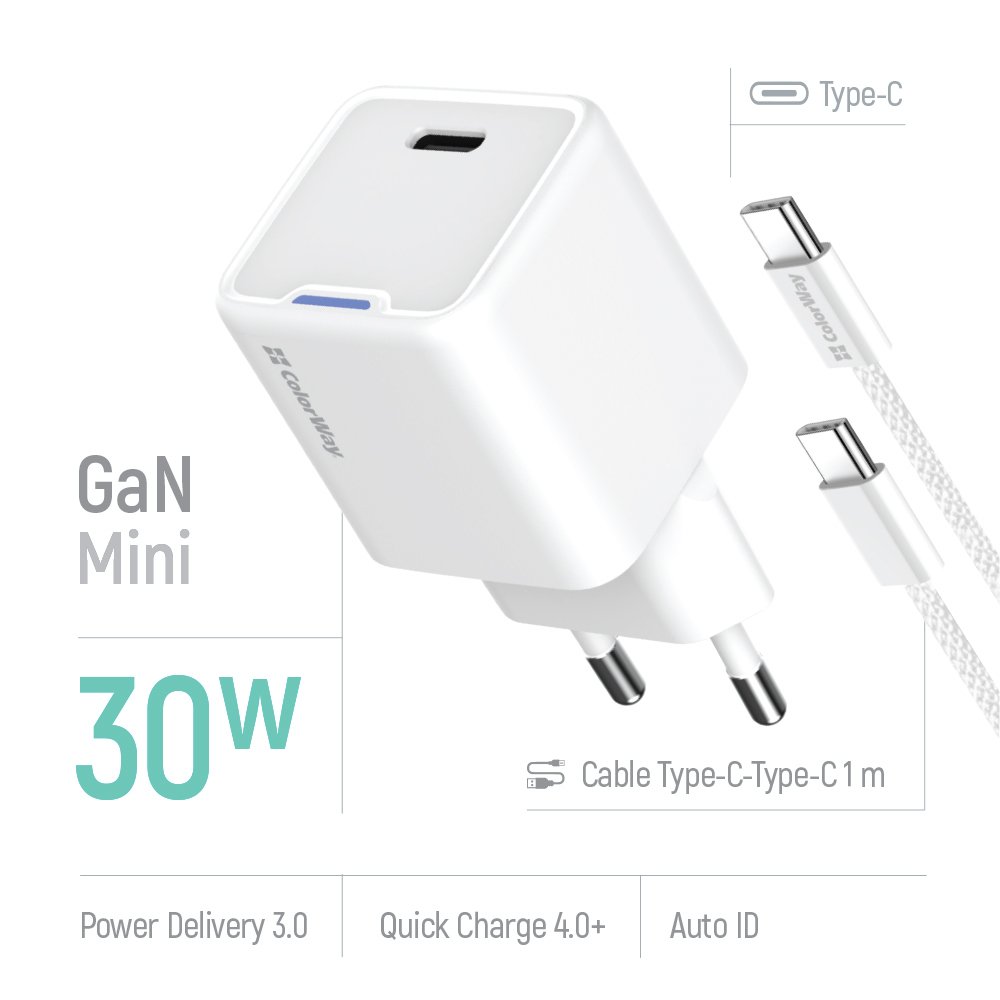 ColorWay 1x USB-C/ síťová nabíječka/ GaN/ PD/ PPS/ 30W, Bílá