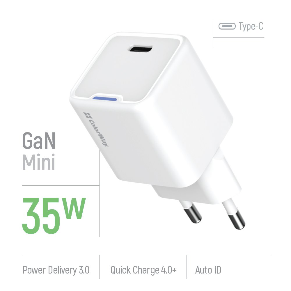 ColorWay 1x USB-C/ síťová nabíječka/ GaN/ PD/ PPS/ 35W/ Bílá