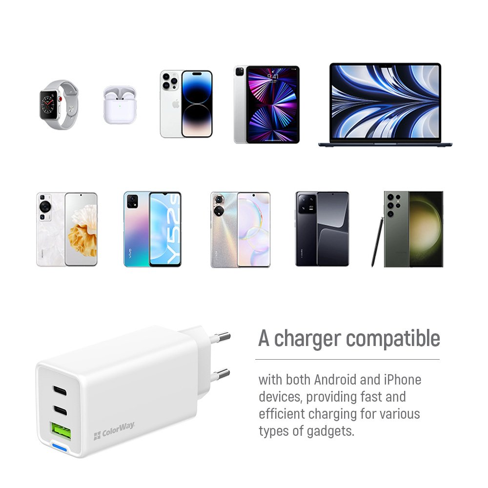 ColorWay 2x USB-C, 1x USB-A/ Sieťová nabíjačka/ GaN/ PD/ PPS/ 65W/ Biela