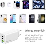 ColorWay 2x USB-C, 1x USB-A/ sieťová nabíjačka/ GaN/ PD/ PPS/ 65W, biela
