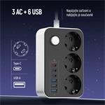 ColorWay CW-CHE36PDB/ 3x Schuko/ 3x USB-C 20 W/ 3x USB-A/ kábel 2 m