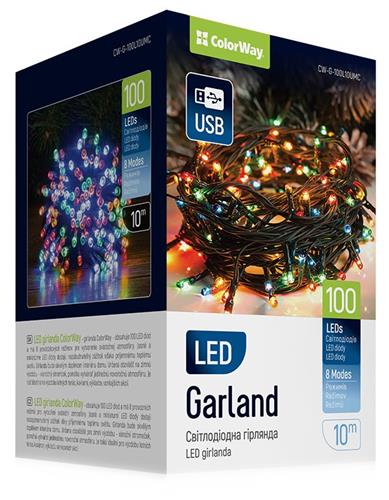 ColorWay LED reťaz / interiér / 100 LED diód / dĺžka 10 m / viacfarebné / 8 funkcií / napájanie cez USB