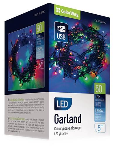 ColorWay LED reťaz / interiér / 50 LED diód / dĺžka 5 m / viacfarebné / 8 funkcií / napájanie cez USB
