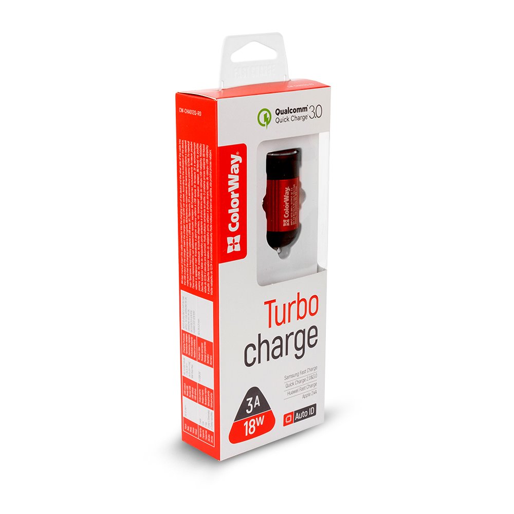 ColorWay nabíjačka do auta 1x USB 18W QC3.0, červená CW-CHA012Q-RD