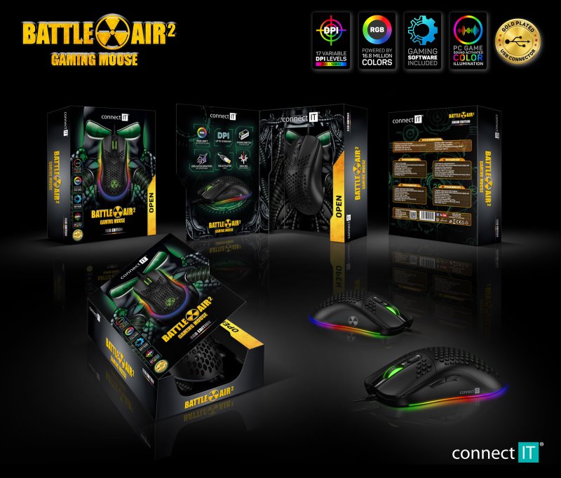 CONNECT IT Battle Air 2 profesionálna optická herná myš SW, 12800 DPI, čierna