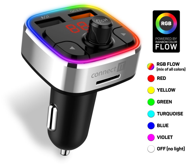 CONNECT IT CarRGB Bezdrôtový FM vysielač, 2xUSB+MicroSD, STRIEBORNÝ