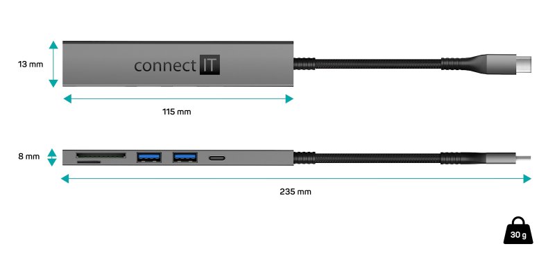 CONNECT IT CompactPRO USB-C hub + čítačka kariet, (2xUSB-A 3.0, 1xUSB-C), externý, antracitová