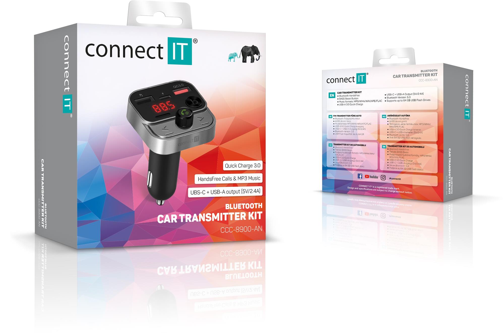 CONNECT IT InCarz Bezdrôtový FM vysielač, 2x USB-A + 1x USB-C, ANTRACITE