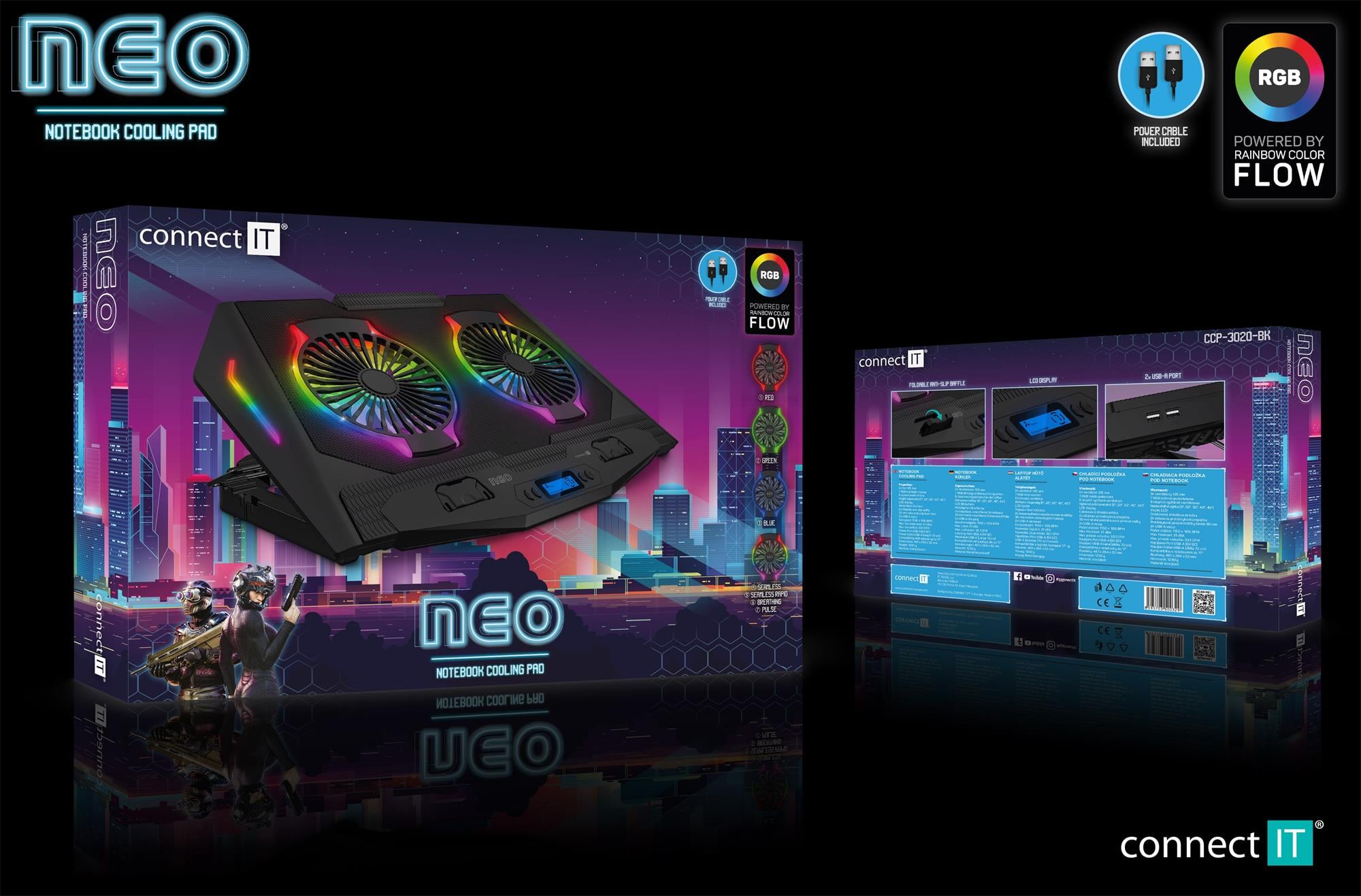 Connect IT NEO RGB chladiaca podložka pod notebook, čierna