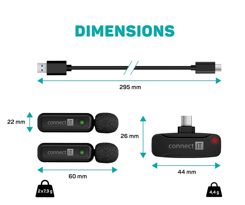 CONNECT IT Wireless Lavalier mikrofon USB-C (2 ks + receiver) set ČERNÝ