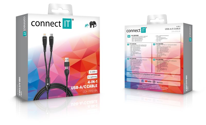CONNECT IT Wirez 4v1 1x USB-C, 1x Lightning, 1,25 m, ČIERNA