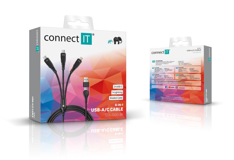 CONNECT IT Wirez 6v1 2x USB-C, 1x Lightning, 1,25 m, ČIERNA