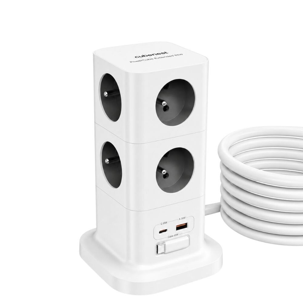 Cubenest PowerCube Extended USB PD 65W USB-C cable, 8xAC, A+C, 3m Grey