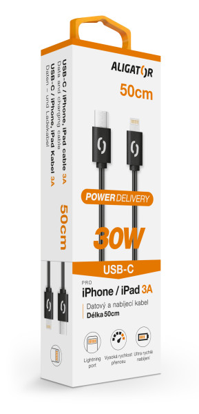 Dátový kábel ALIGATOR POWER 30W, USB-C/Lightning 3A, 0,5 m čierny
