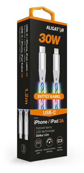 Dátový kábel ALIGATOR POWER 3A 30W, USB-C/Lightning, 1,2 m svetelný
