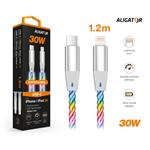 Datový kabel ALIGATOR POWER 3A 30W, USB-C/Lightning, 1,2m svítící
