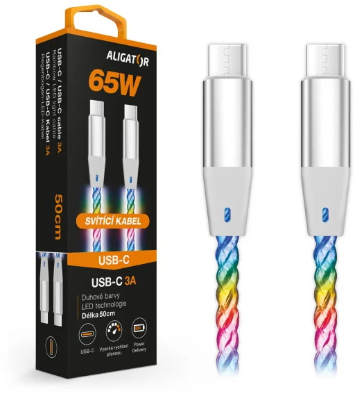 Dátový kábel ALIGATOR POWER 3A 65W, USB-C/USB-C, 0,5 m svetelný