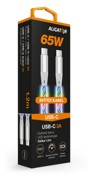 Datový kabel ALIGATOR POWER 3A 65W, USB-C/USB-C, 1,2m svítící