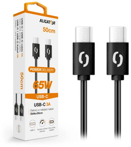 Dátový kábel ALIGATOR POWER 65W, USB-C/USB-C 3A, 0,5 m čierny
