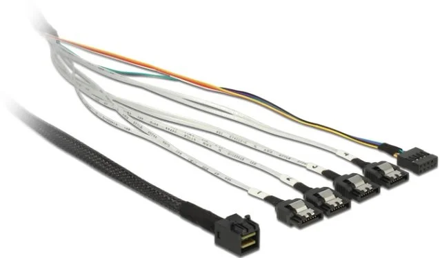 Delock kabel mini SAS HD SFF-8643 > 4 x SATA 7 pin + Sideband 0,5m kovová spona