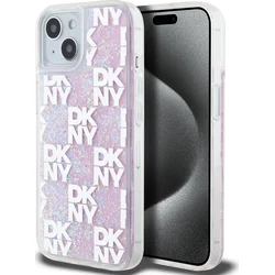 DKNY Liquid Glitter Checkered Pattern Zadný kryt pre iPhone 15 Pink