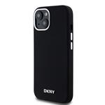 DKNY Liquid Silicone Silver Metal Logo Magsafe zadný kryt pre iPhone 15 Black