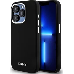 DKNY Liquid Silicone Silver Metal Logo Magsafe zadný kryt pre iPhone 15 Pro Black