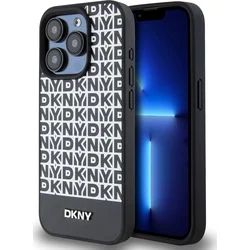 DKNY PU kožený zadný kryt MagSafe s opakovaným vzorom pre iPhone 13 Pro Max Black