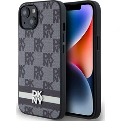 DKNY PU kožený zadný kryt s károvaným vzorom a pruhmi pre iPhone 13 Black
