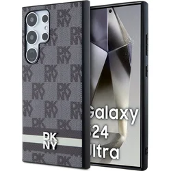 DKNY PU kožený zadný kryt s károvaným vzorom a pruhmi pre Samsung Galaxy S24 Ultra Black