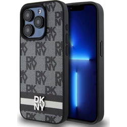 DKNY PU kožený zadný kryt s kockovaným vzorom a pruhmi pre iPhone 12/12 Pro Black