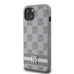DKNY PU kožený zadný kryt s kockovaným vzorom a pruhmi pre iPhone 13 béžový