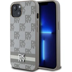 DKNY PU kožený zadný kryt s kockovaným vzorom a pruhmi pre iPhone 13 béžový