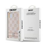 DKNY PU kožený zadný kryt s kockovaným vzorom a pruhmi pre iPhone 13 Pink