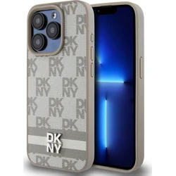 DKNY PU kožený zadný kryt s kockovaným vzorom a pruhmi pre iPhone 13 Pro Beige