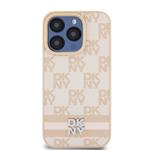 DKNY PU kožený zadný kryt s kockovaným vzorom a pruhmi pre iPhone 13 Pro Max Pink