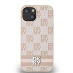 DKNY PU kožený zadný kryt s kockovaným vzorom a pruhmi pre iPhone 14 Pink
