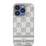 DKNY PU kožený zadný kryt s kockovaným vzorom a pruhmi pre iPhone 14 Pro Beige