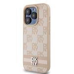 DKNY PU kožený zadný kryt s kockovaným vzorom a pruhmi pre iPhone 14 Pro Max Pink