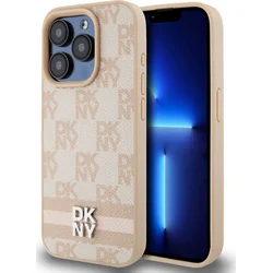 DKNY PU kožený zadný kryt s kockovaným vzorom a pruhmi pre iPhone 14 Pro Max Pink