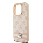 DKNY PU kožený zadný kryt s kockovaným vzorom a pruhmi pre iPhone 14 Pro Pink