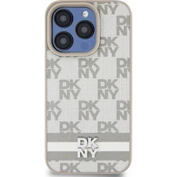 DKNY PU kožený zadný kryt s kockovaným vzorom a pruhmi pre iPhone 15 Pro Max Beige