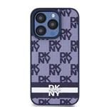 DKNY PU kožený zadný kryt s kockovaným vzorom a pruhmi pre iPhone 15 Pro Max Blue