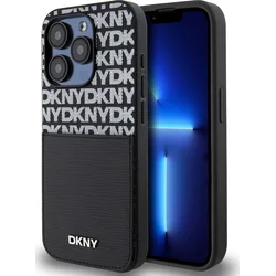 DKNY PU kožený zadný kryt s opakujúcim sa vzorom na kartu pre iPhone 15 Pro Black