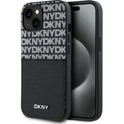 DKNY PU kožený zadný kryt s opakujúcim sa vzorom na karty pre iPhone 15 Black