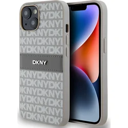 DKNY PU kožený zadný kryt s opakujúcim sa vzorom pre iPhone 14 Beige