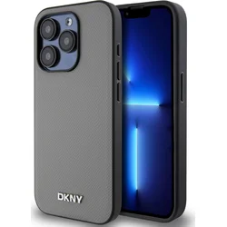 DKNY PU kožený zadný kryt Silver Metal Logo Magsafe pre iPhone 14 Pro Grey