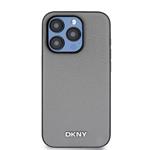 DKNY PU kožený zadný kryt Silver Metal Logo Magsafe pre iPhone 14 Pro Max Grey