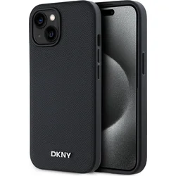 DKNY PU kožený zadný kryt Silver Metal Logo Magsafe pre iPhone 15 Black