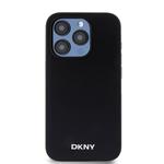 DKNY PU kožený zadný kryt Silver Metal Logo Magsafe pre iPhone 15 Pro Black